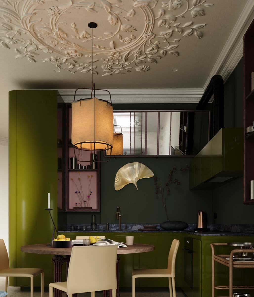 Kuchnia z głęboką zielenią i sztukateriami sufitowymi