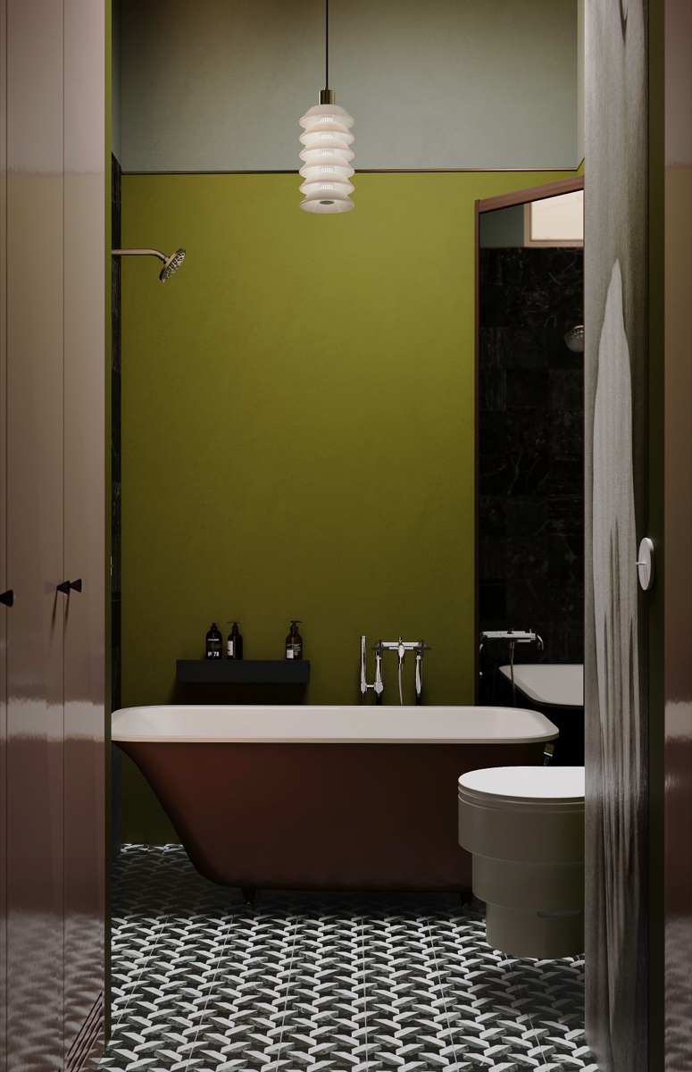 Łazienka z oliwkową zielenią i geometryczną podłogą