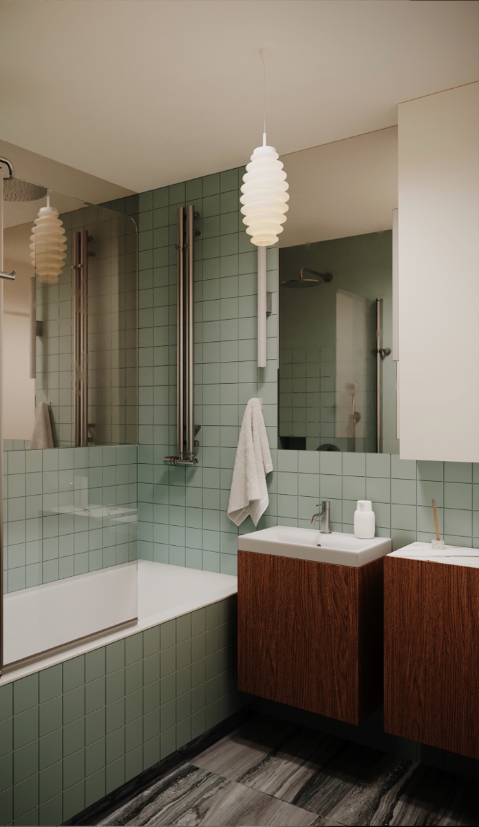Łazienka z miętowymi płytkami i drewnianymi elementami