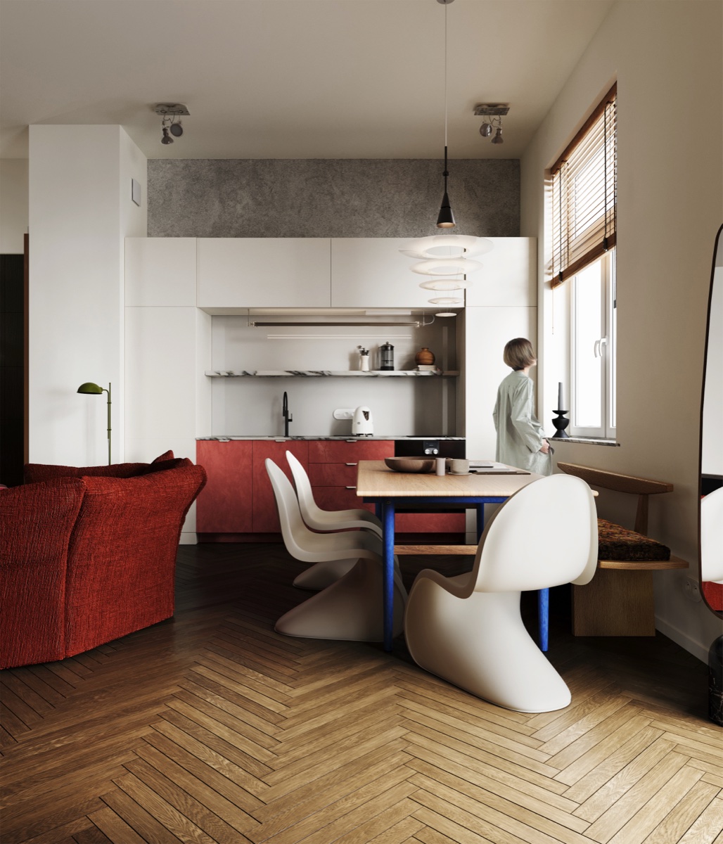 Strefa dzienna z dębowym parkietem i eklektycznymi meblami