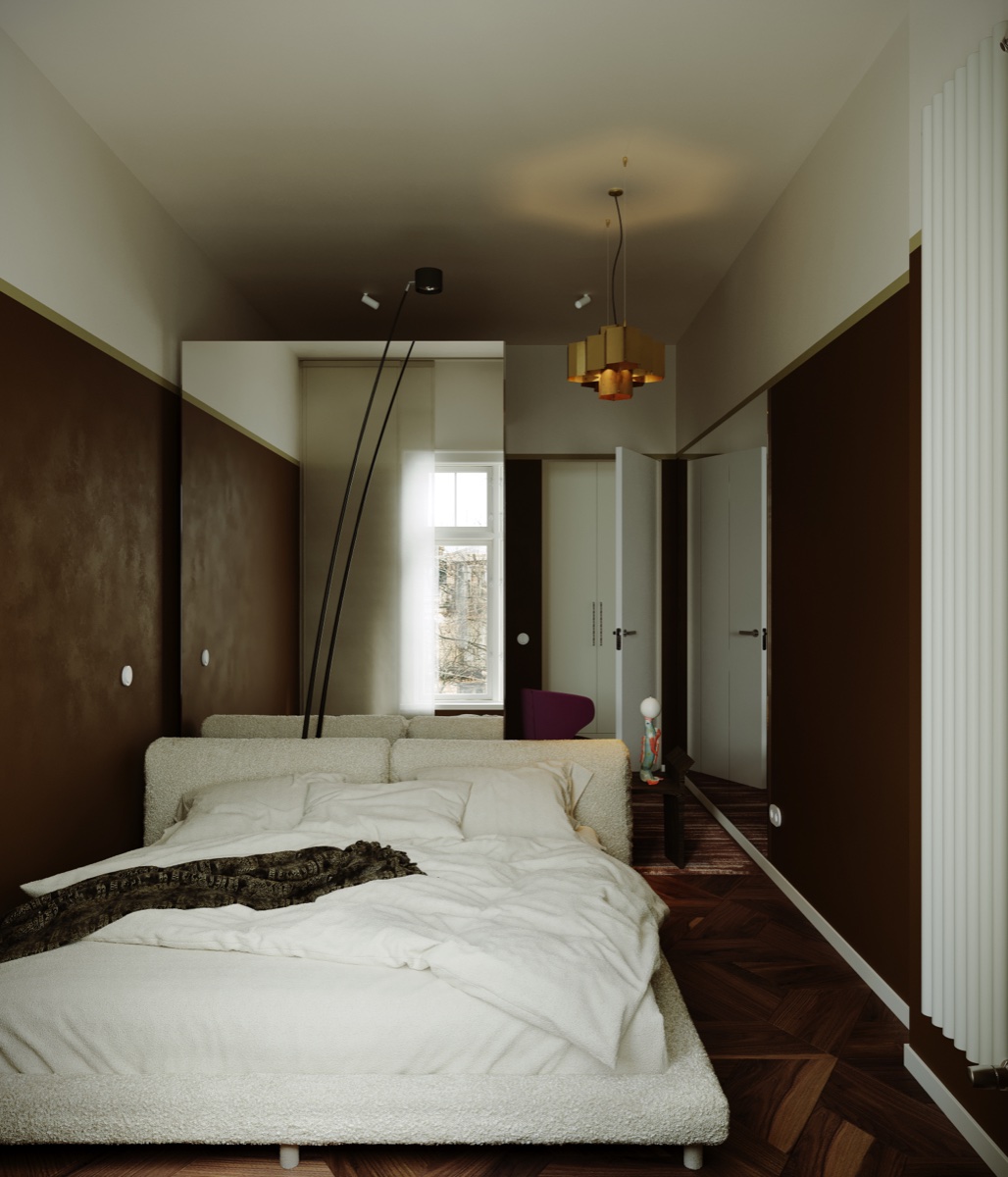 Sypialnia z ciepłymi brązowymi teksturami i welurowym fotelem